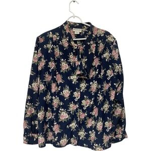 Haberdashery Leslie Fay Button Up Blouse‎ 18 Navy Floral Long Sleeve Vintage CEO